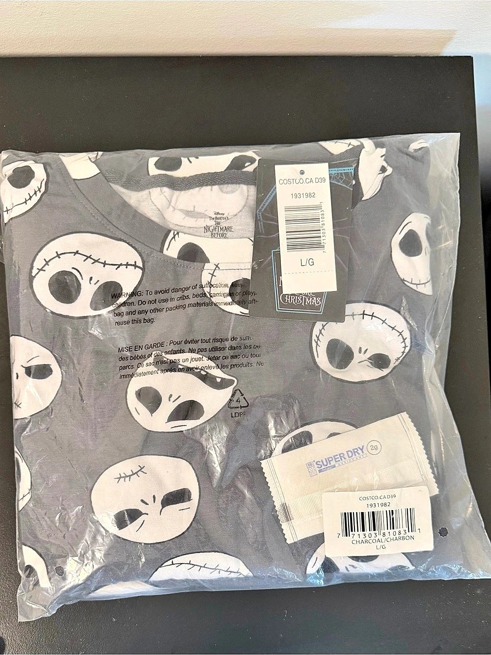 Disney The Nightmare Before Christmas Pajama Set Gray & White L/G NWT